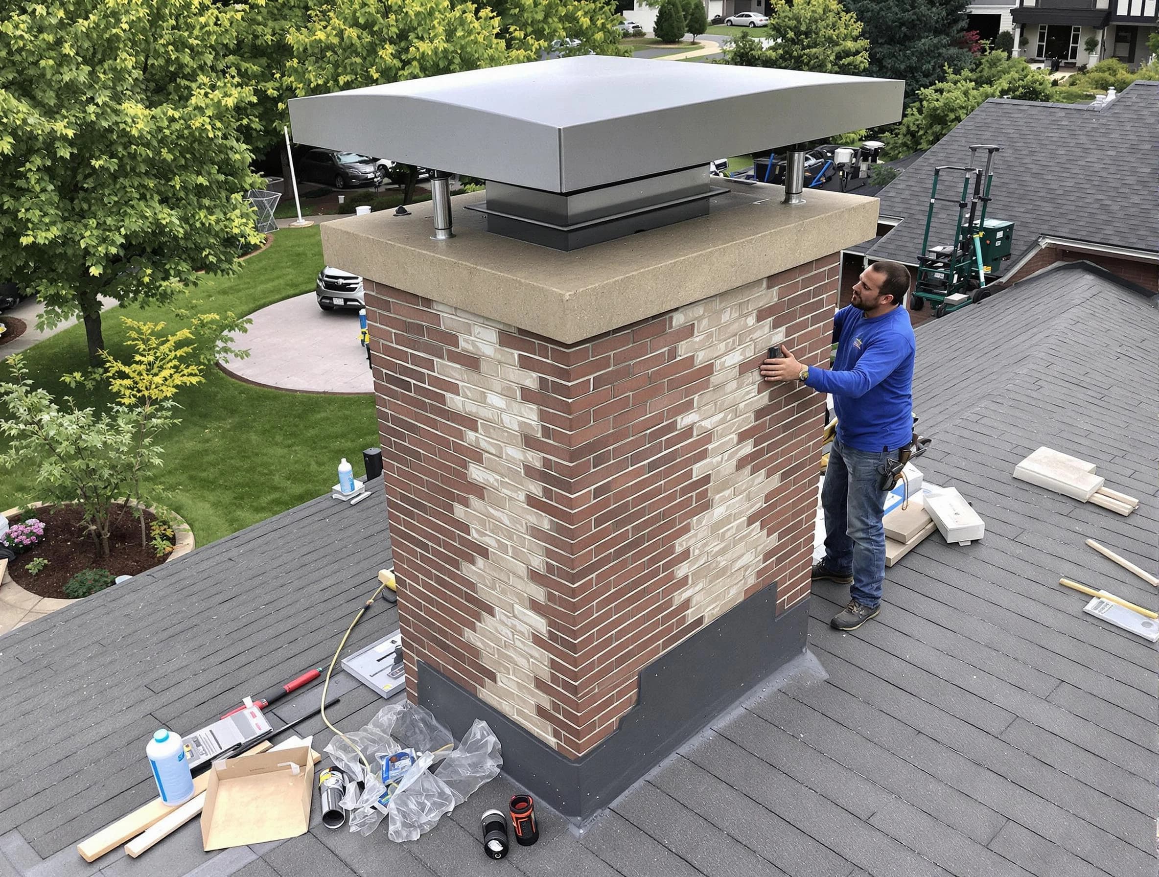 Vineyard Chimney Sweep team working on a custom chimney remodel in Vineyard, UT