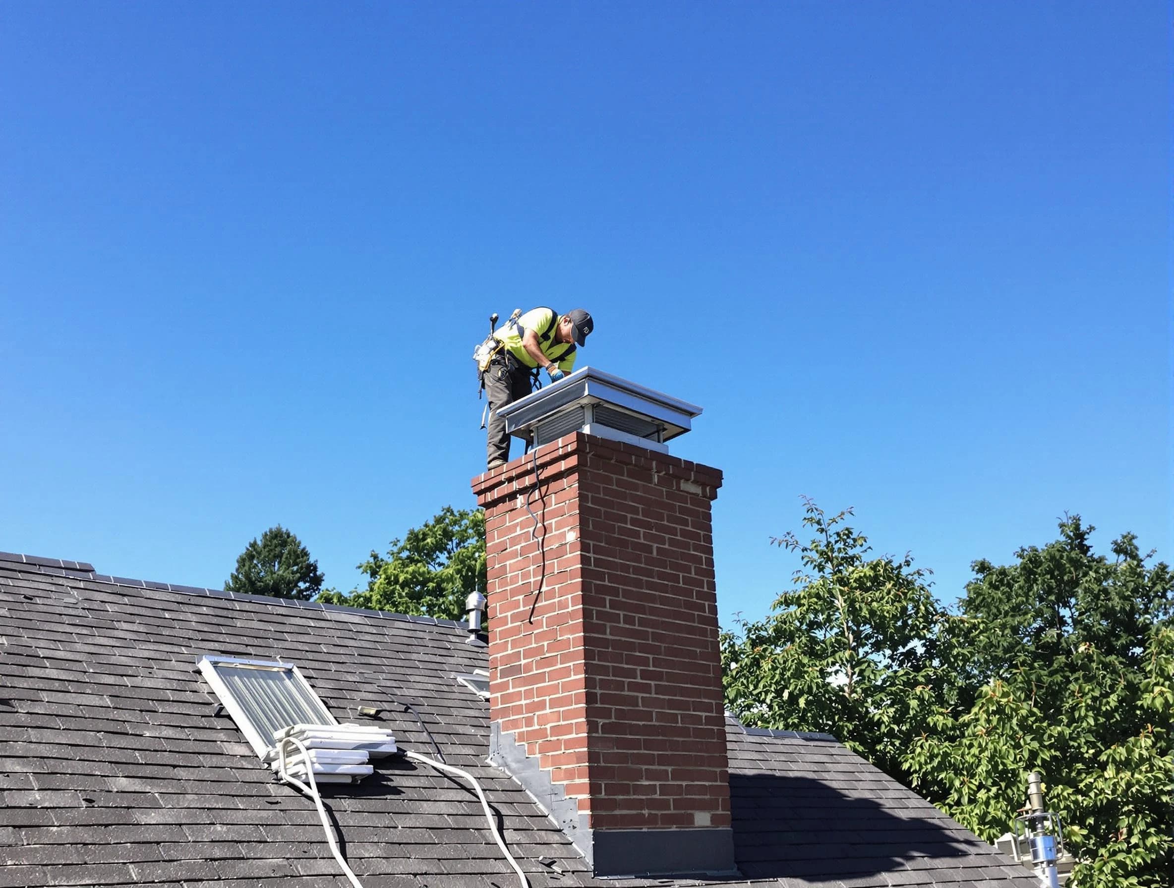 Vineyard Chimney Sweep technician measuring a chimney cap in Vineyard, UT